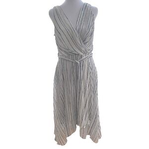 DKNY White Navy Blue Chain Print Wrap Handkerchief Hem Midi Dress Size 8